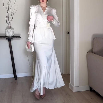 Women's Dress French V-Neck Temperament Suit Skirt High-Waisted Tie With Flowers High-Rise Half-Dress Two